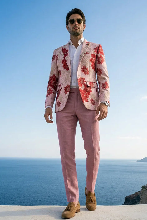 Crimson Twilight Bloom - Dusty Rose Floral Resort Blazer