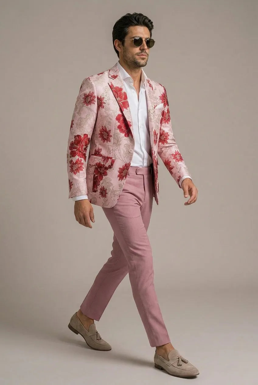 Crimson Twilight Bloom - Dusty Rose Floral Resort Blazer