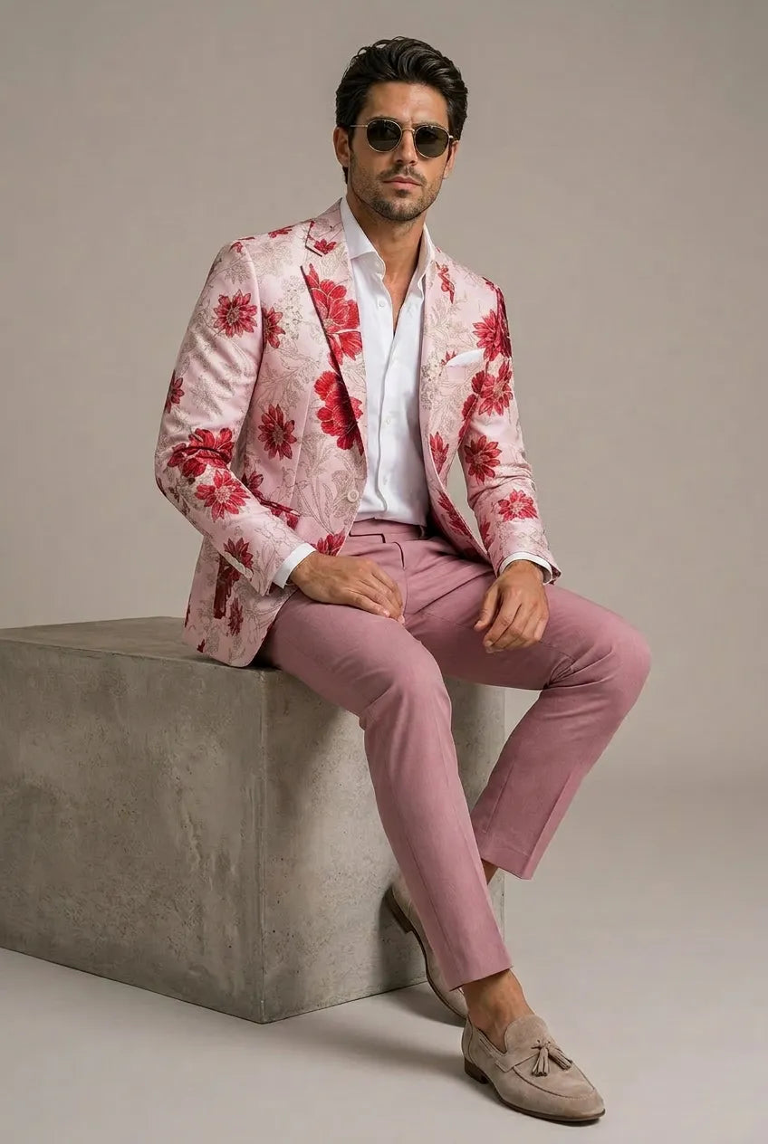 Crimson Twilight Bloom - Dusty Rose Floral Resort Blazer