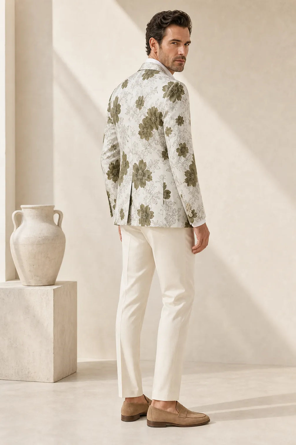 Olive Riviera Serenity - Ivory & Olive Floral Resort Blazer