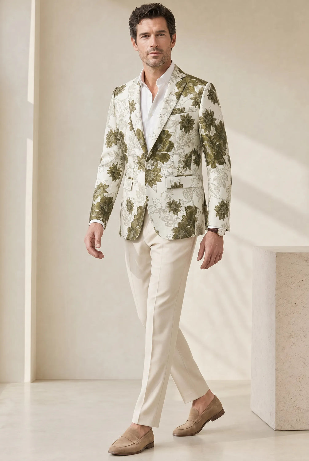 Olive Riviera Serenity - Ivory & Olive Floral Resort Blazer