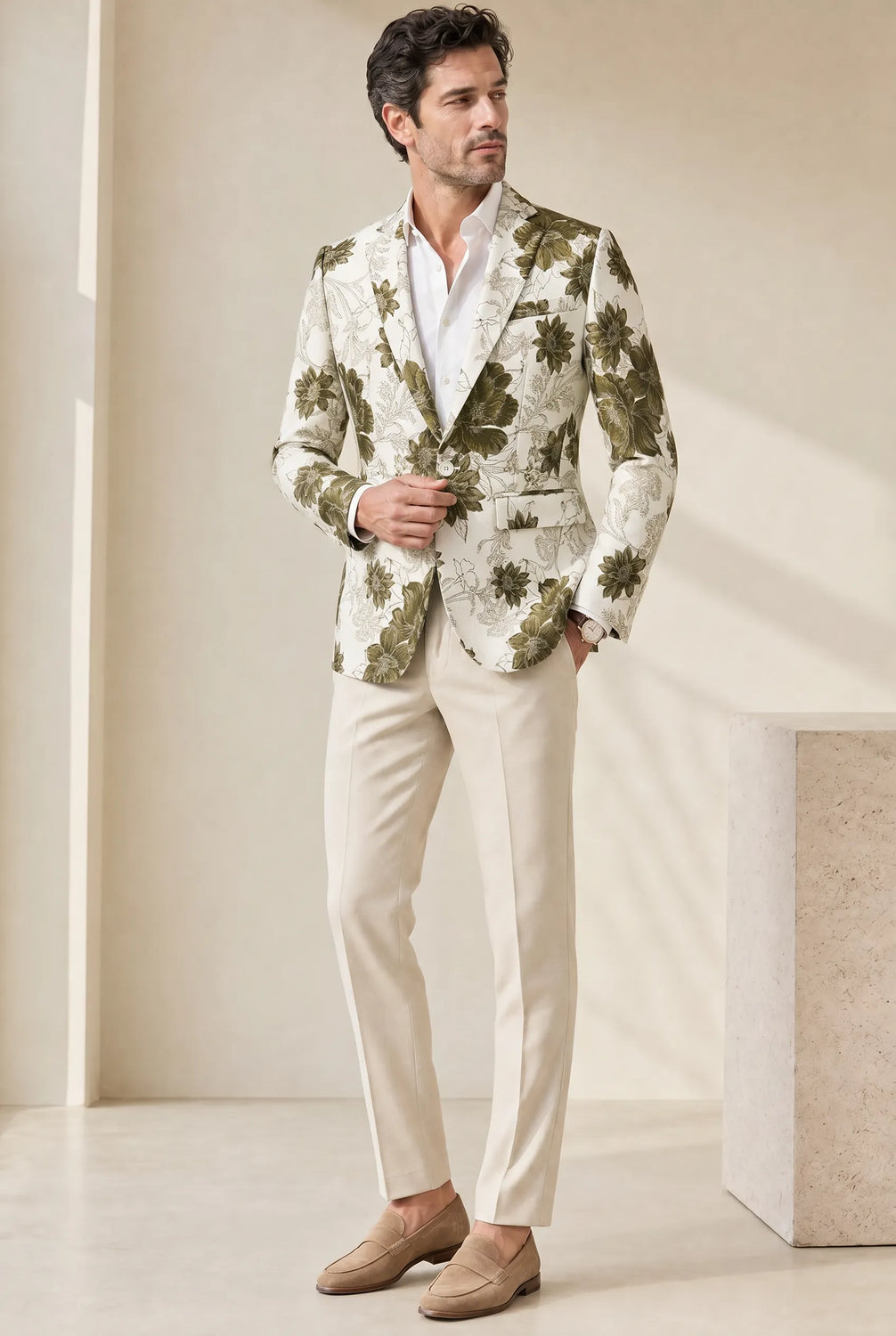 Olive Riviera Serenity - Ivory & Olive Floral Resort Blazer