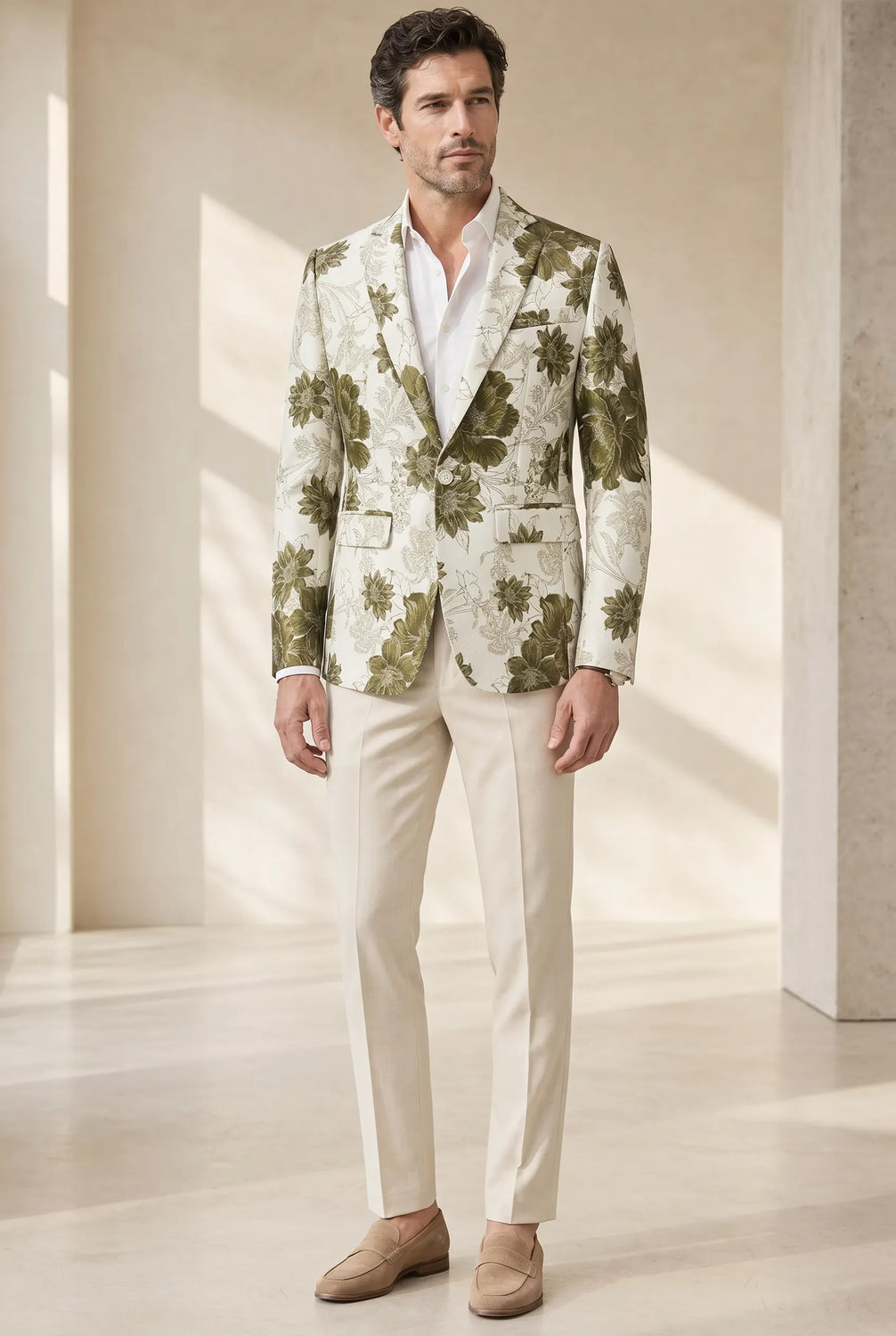 Olive Riviera Serenity - Ivory & Olive Floral Resort Blazer