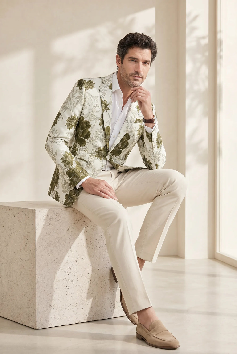 Olive Riviera Serenity - Ivory & Olive Floral Resort Blazer