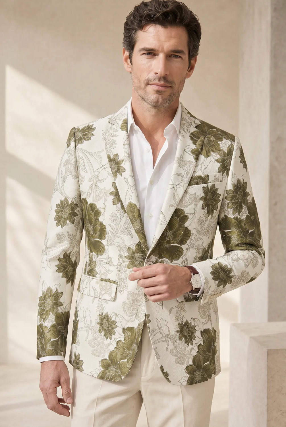 Olive Riviera Serenity - Ivory & Olive Floral Resort Blazer