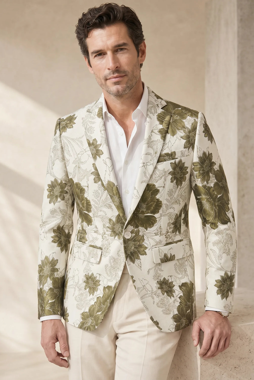 Olive Riviera Serenity - Ivory & Olive Floral Resort Blazer