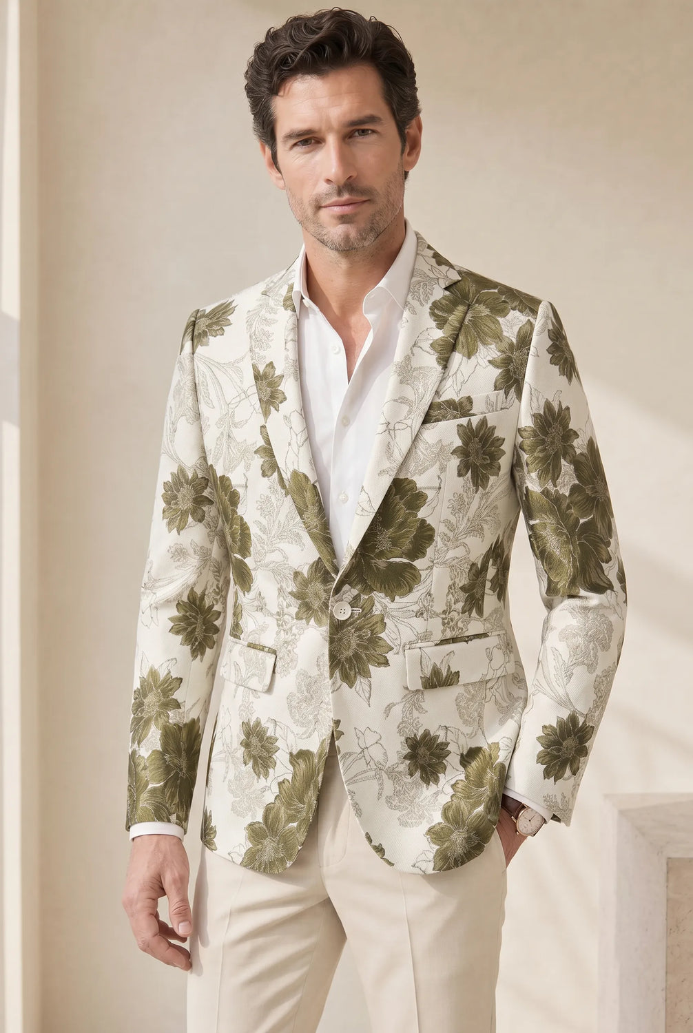 Olive Riviera Serenity - Ivory & Olive Floral Resort Blazer