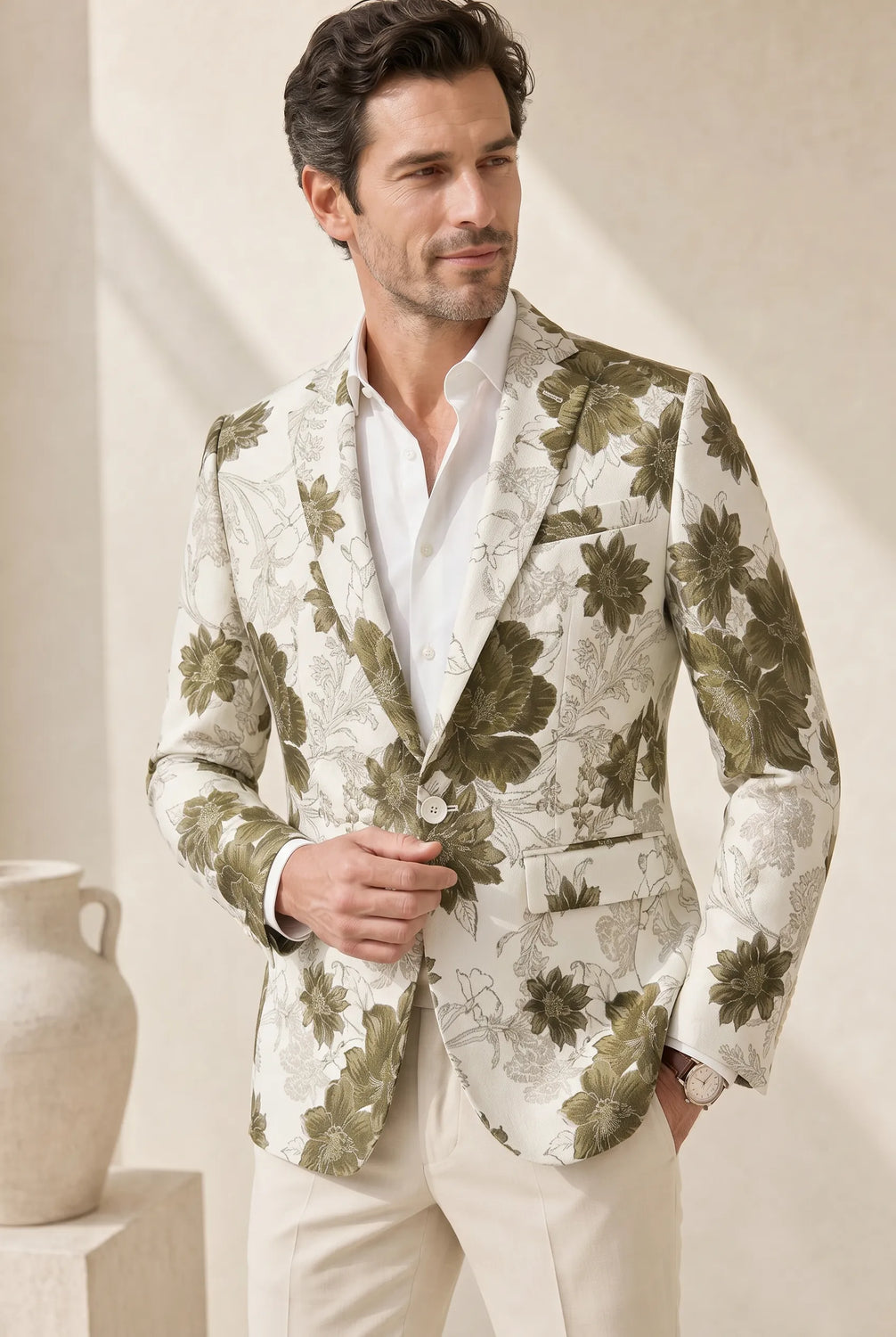 Olive Riviera Serenity - Ivory & Olive Floral Resort Blazer