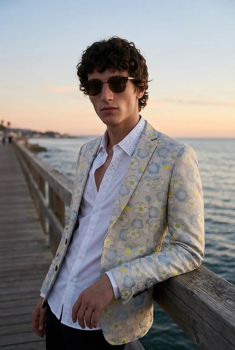 Aurelian Riviera Bloom - Sand & Gold Floral Resort Blazer