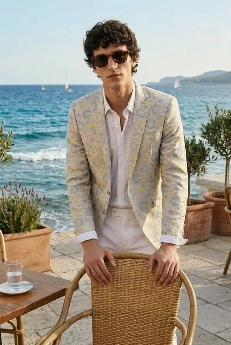Aurelian Riviera Bloom - Sand & Gold Floral Resort Blazer