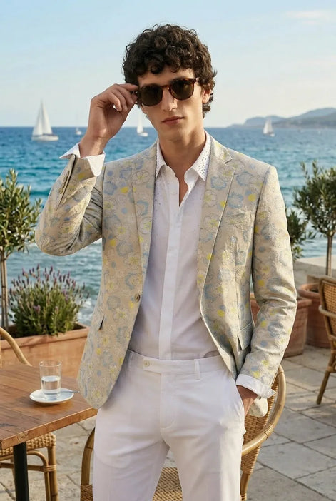 Aurelian Riviera Bloom - Sand & Gold Floral Resort Blazer
