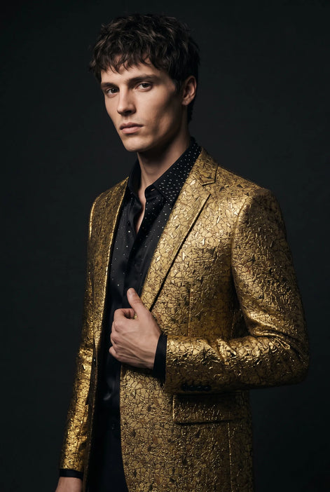 Solari Motif - Gold Distressed Jacquard Statement Jacket