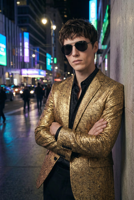 Solari Motif - Gold Distressed Jacquard Statement Jacket