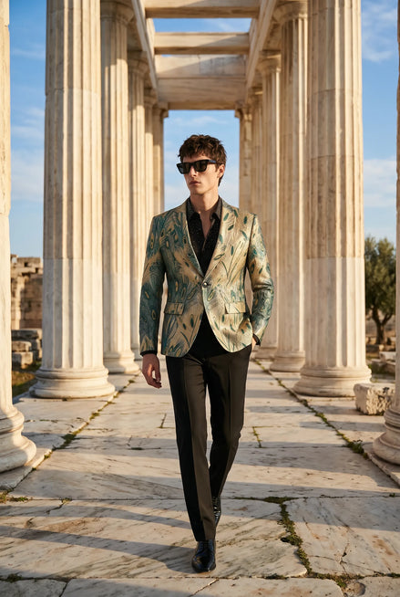 Emerald Argus Plume - Verdant Peacock Jacquard Resort Blazer
