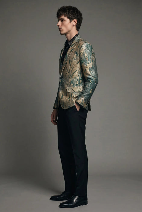 Emerald Argus Plume - Verdant Peacock Jacquard Resort Blazer