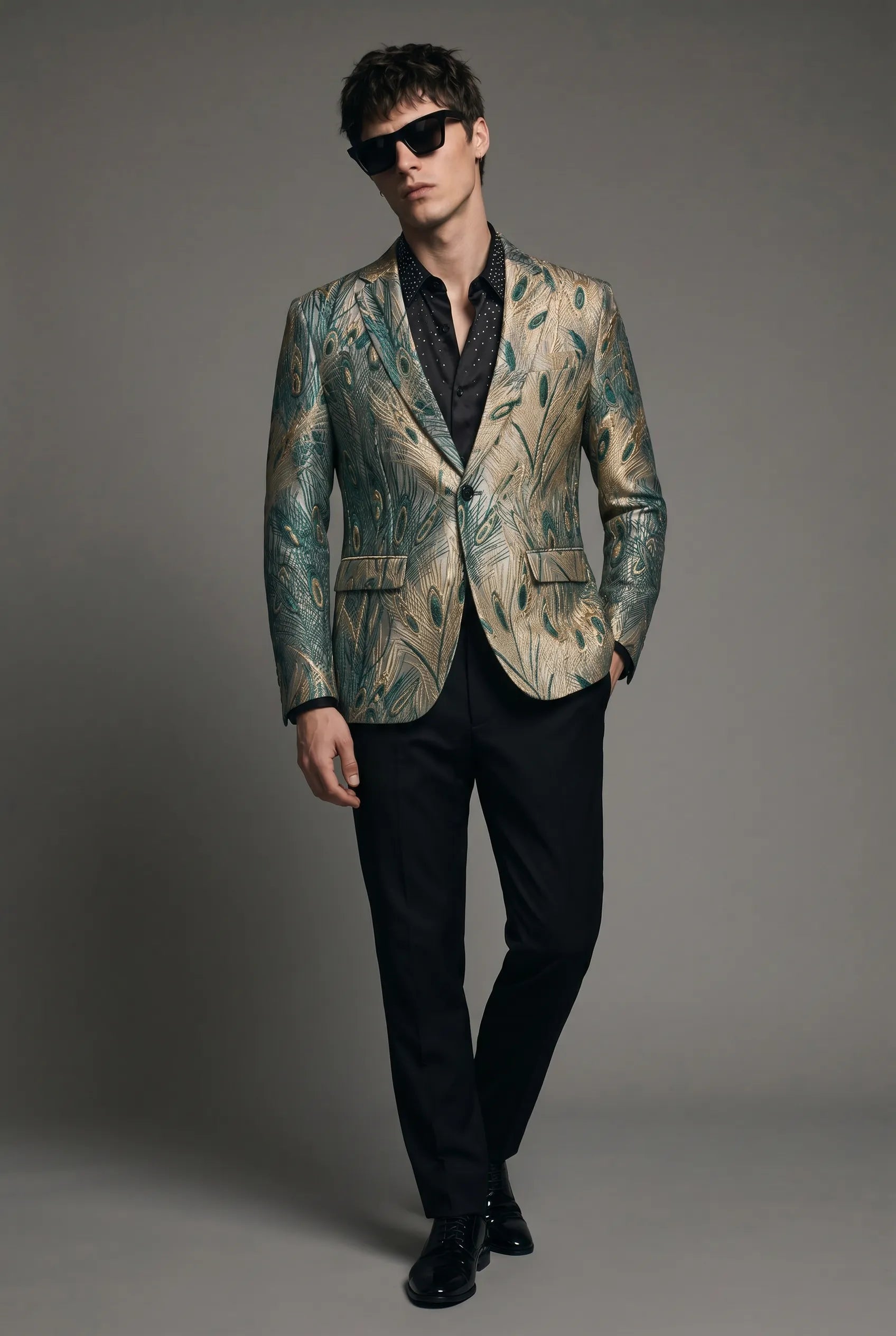 Emerald Argus Plume - Verdant Peacock Jacquard Resort Blazer