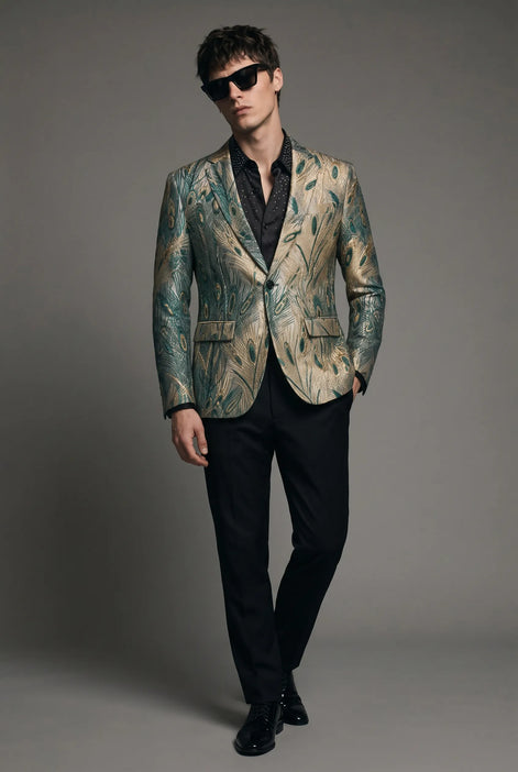Emerald Argus Plume - Verdant Peacock Jacquard Resort Blazer