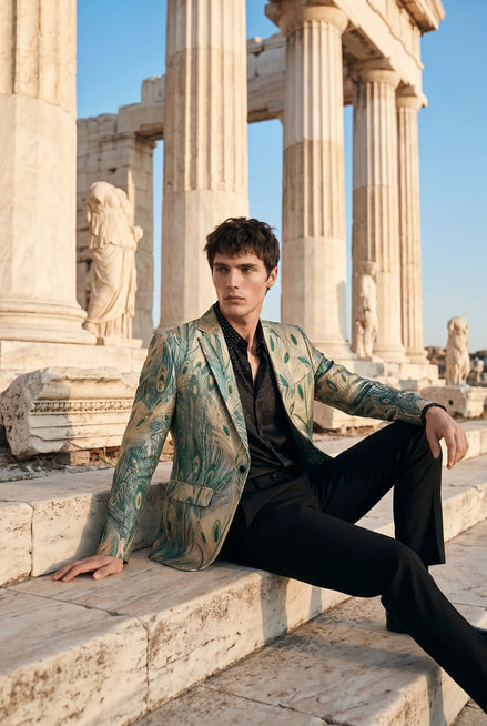 Emerald Argus Plume - Verdant Peacock Jacquard Resort Blazer