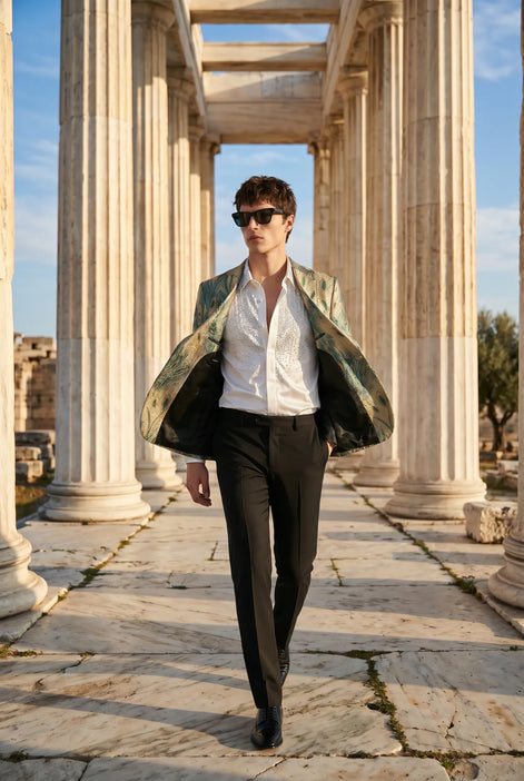 Emerald Argus Plume - Verdant Peacock Jacquard Resort Blazer
