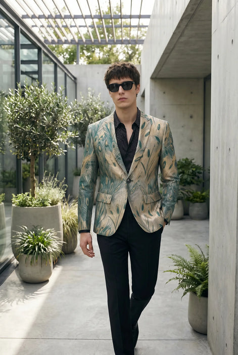 Emerald Argus Plume - Verdant Peacock Jacquard Resort Blazer