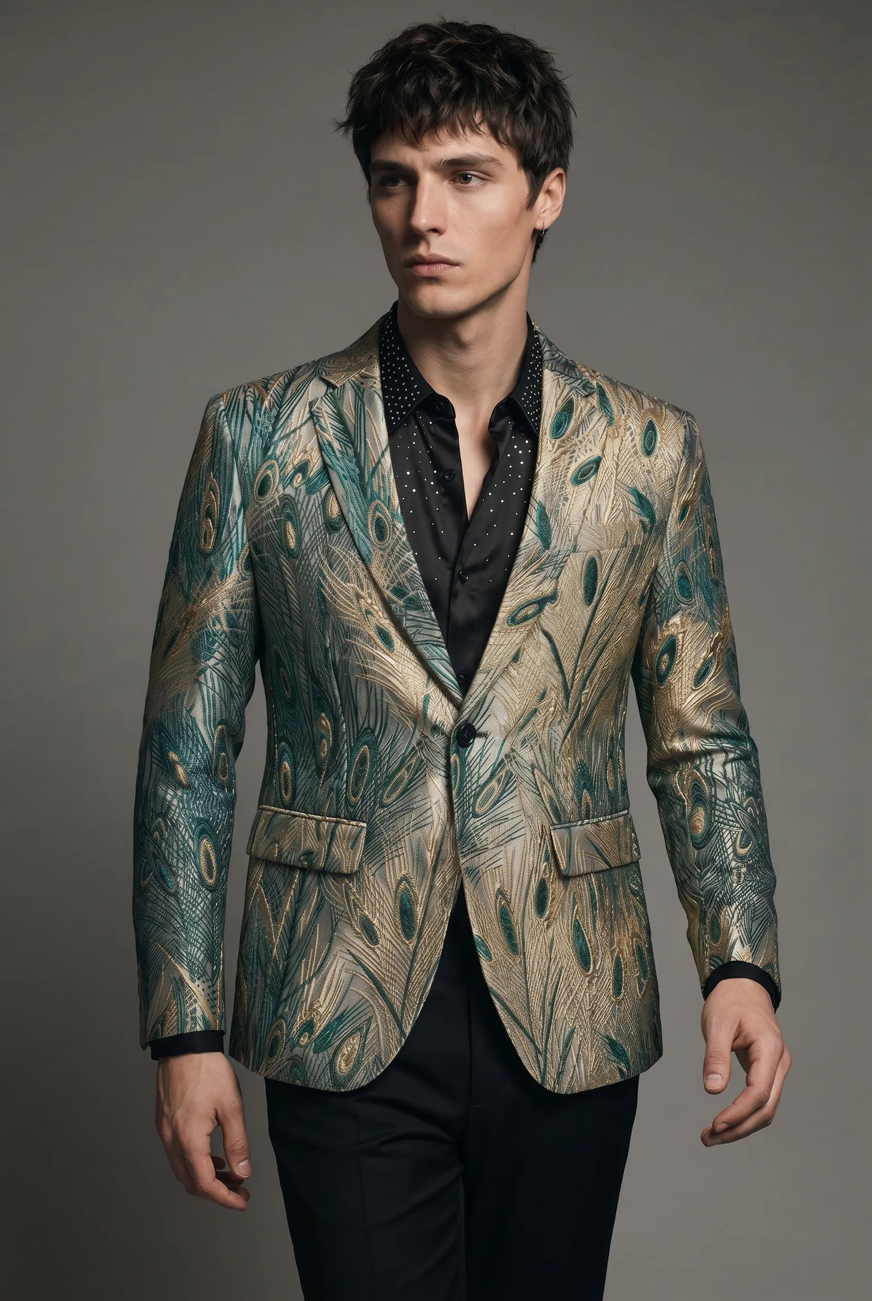Emerald Argus Plume - Verdant Peacock Jacquard Resort Blazer