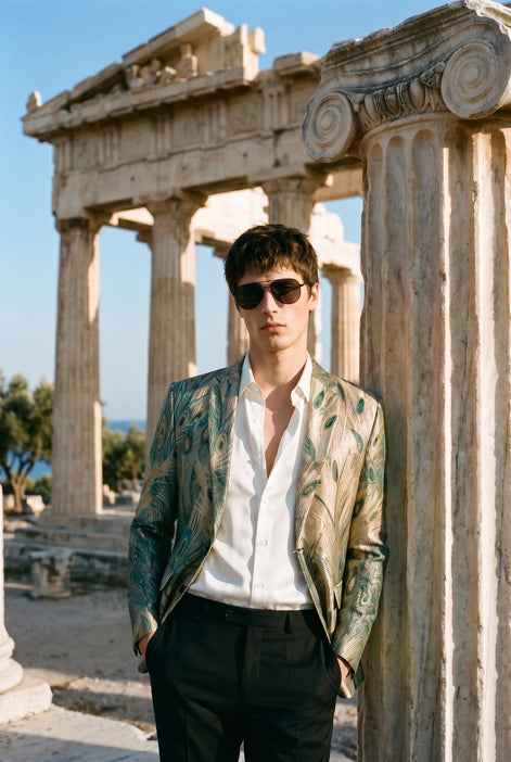 Emerald Argus Plume - Verdant Peacock Jacquard Resort Blazer