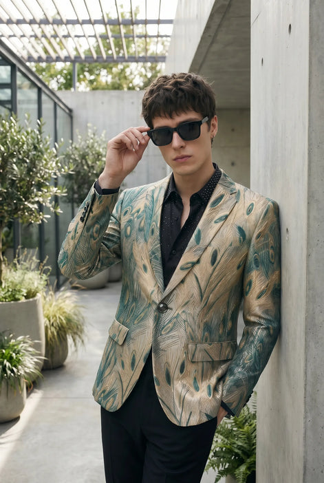 Emerald Argus Plume - Verdant Peacock Jacquard Resort Blazer