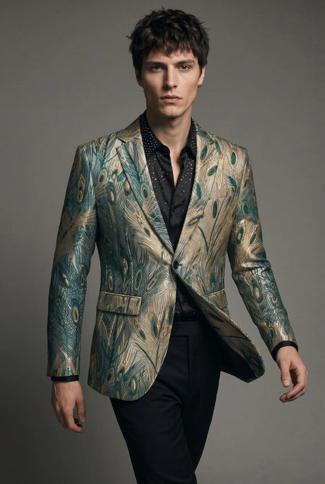 Emerald Argus Plume - Verdant Peacock Jacquard Resort Blazer