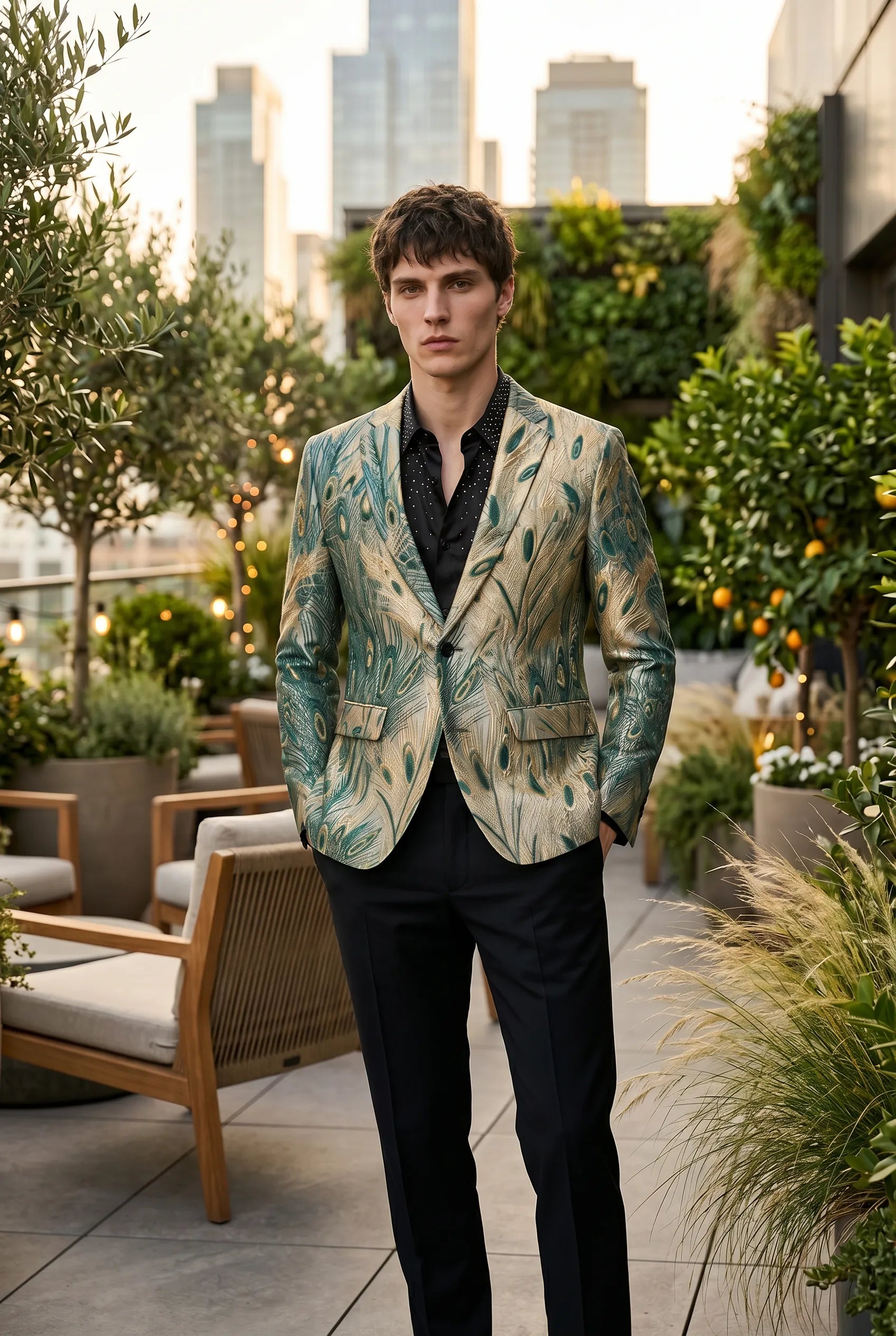 Emerald Argus Plume - Verdant Peacock Jacquard Resort Blazer