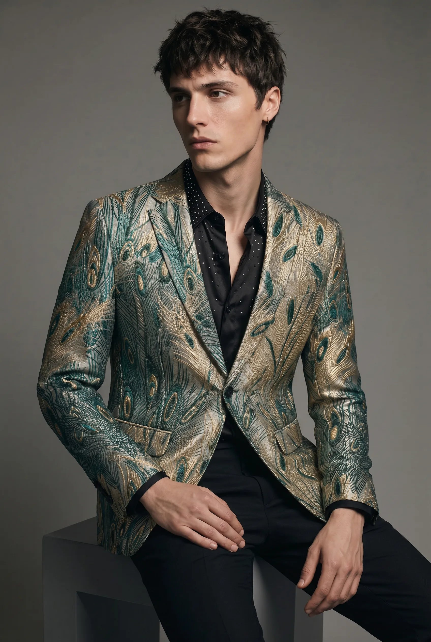 Emerald Argus Plume - Verdant Peacock Jacquard Resort Blazer