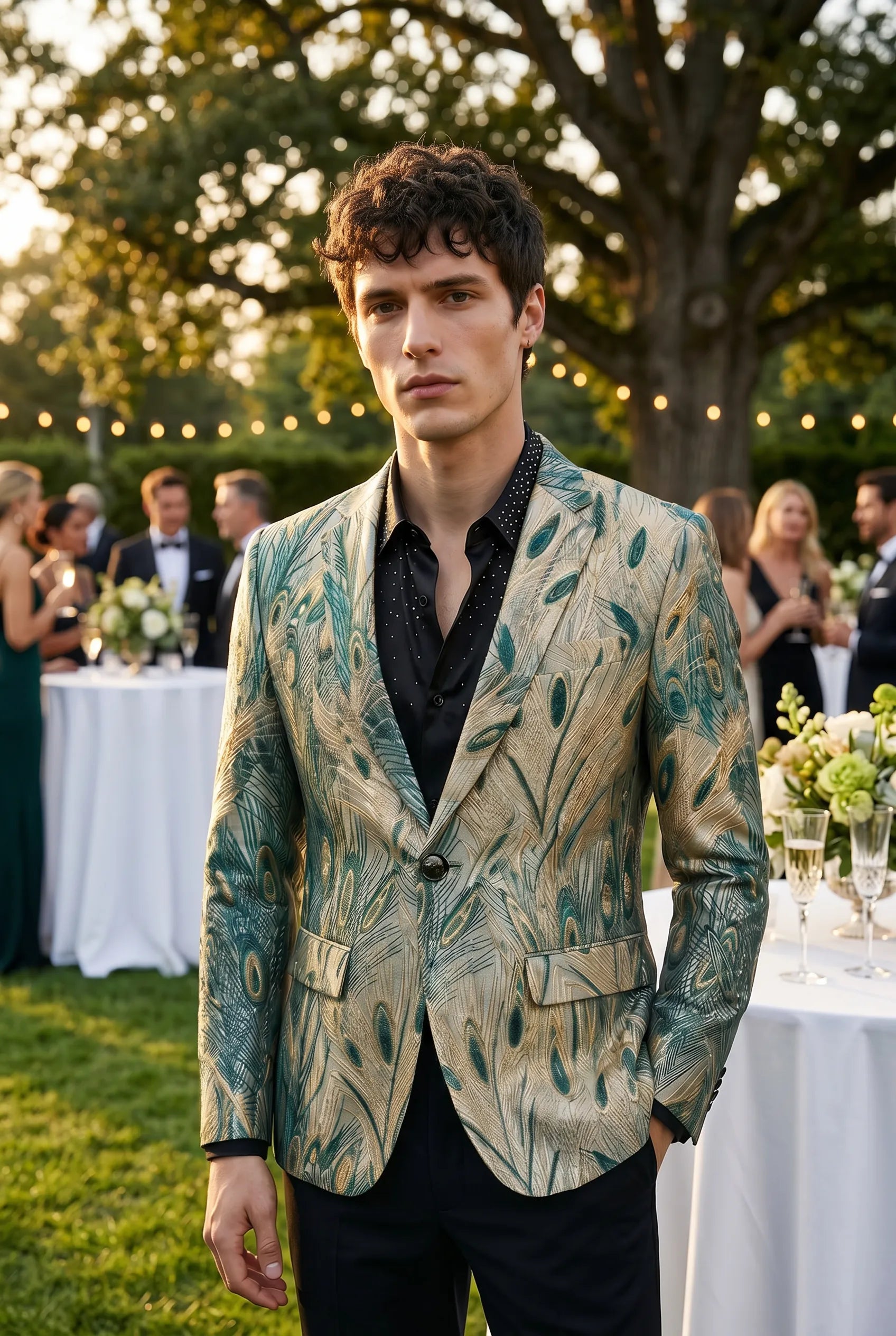Emerald Argus Plume - Verdant Peacock Jacquard Resort Blazer