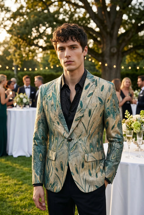 Emerald Argus Plume - Verdant Peacock Jacquard Resort Blazer