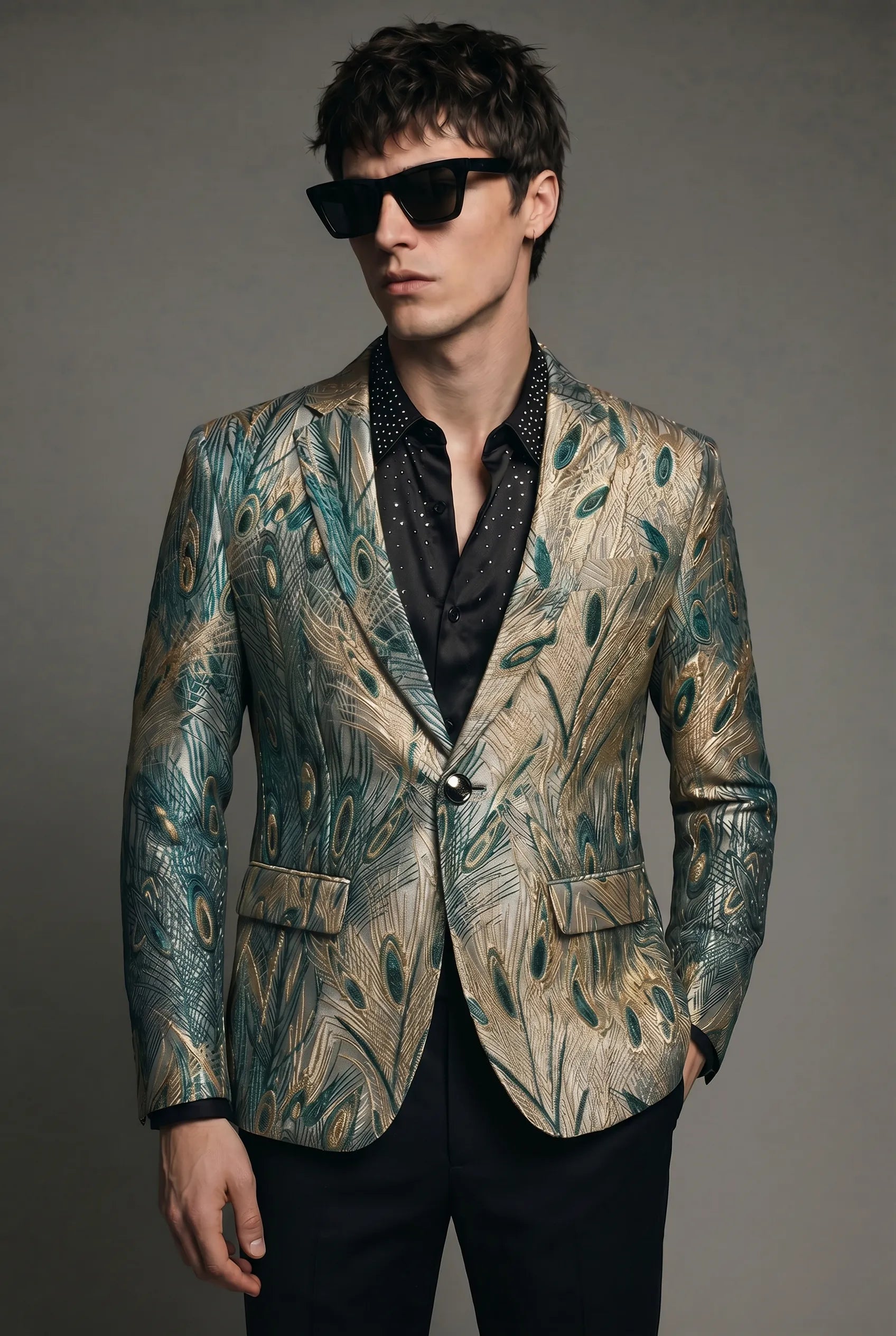 Emerald Argus Plume - Verdant Peacock Jacquard Resort Blazer