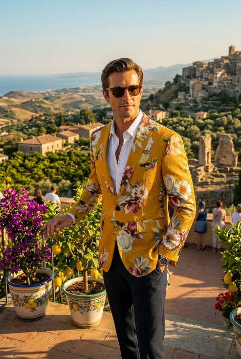 Sicilian Amber Escape - Mustard Floral Resort Blazer