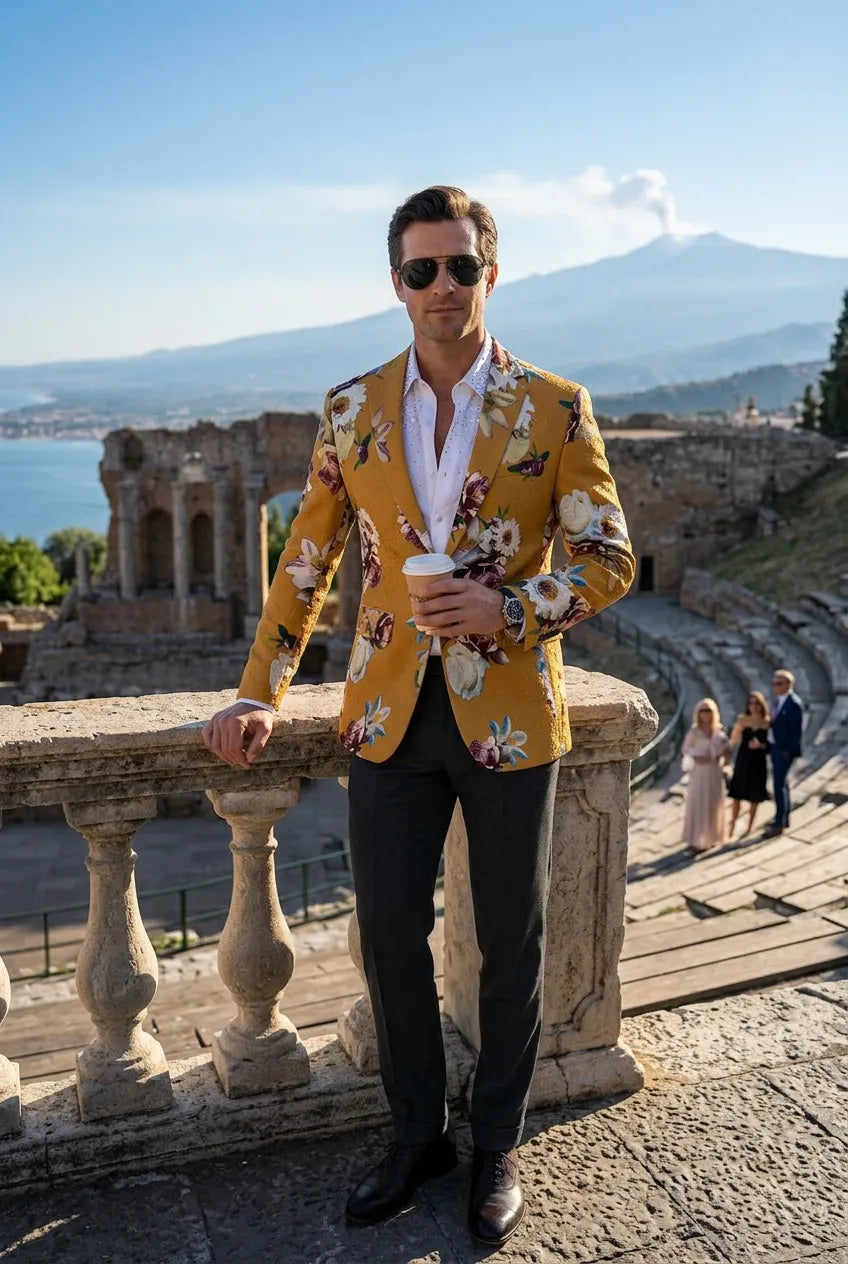 Sicilian Amber Escape - Mustard Floral Resort Blazer
