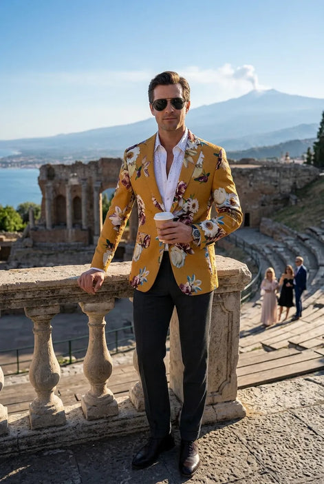 Sicilian Amber Escape - Mustard Floral Resort Blazer