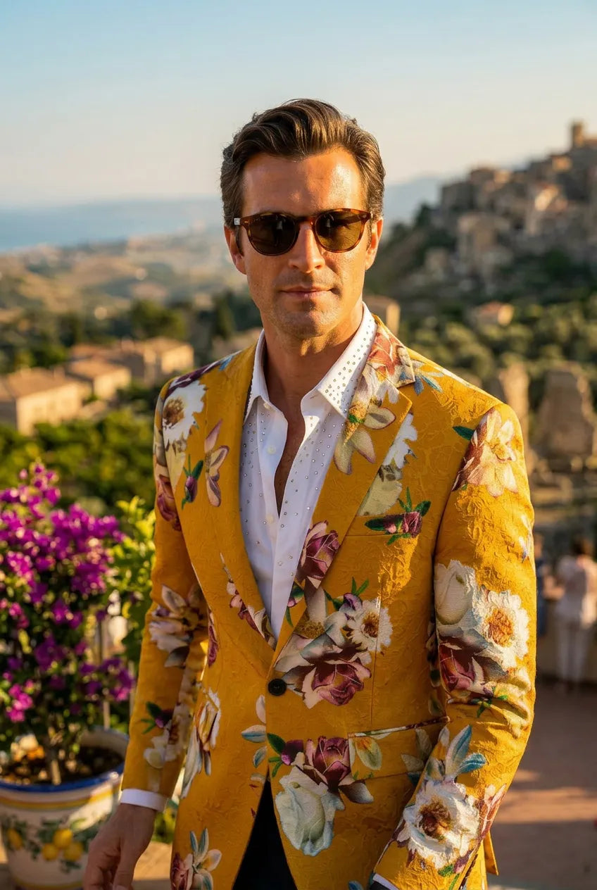 Sicilian Amber Escape - Mustard Floral Resort Blazer