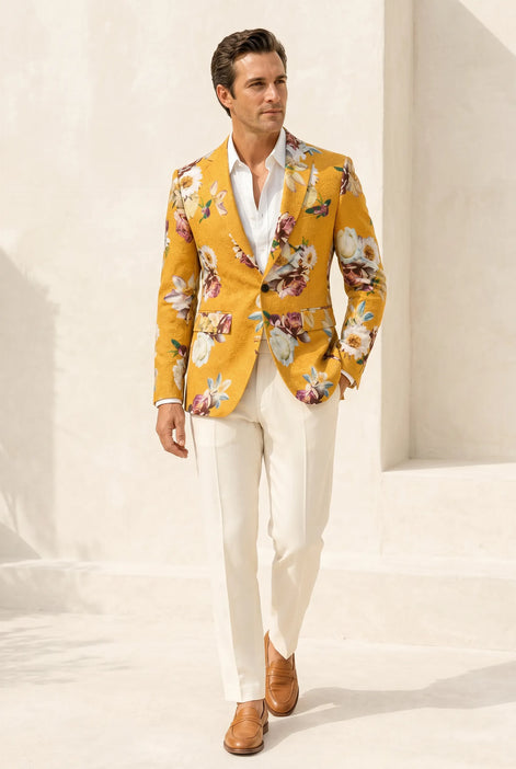 Sicilian Amber Escape - Mustard Floral Resort Blazer
