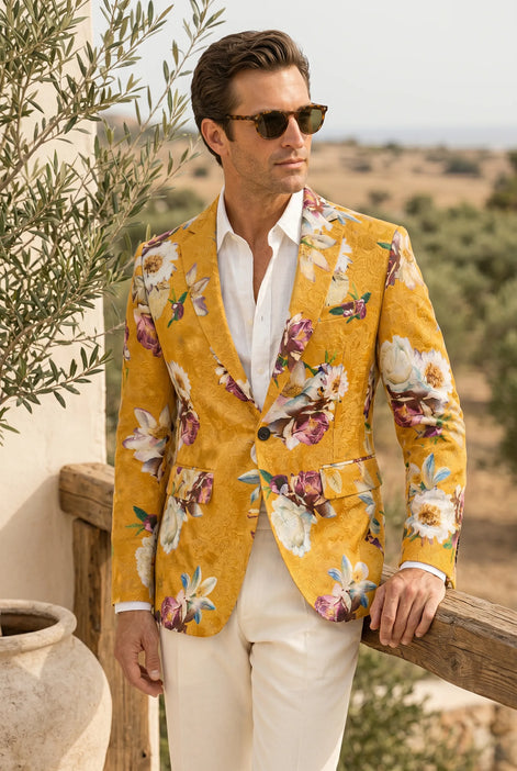 Sicilian Amber Escape - Mustard Floral Resort Blazer
