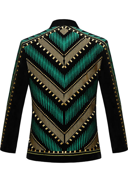 Men's Embroidered Green and Gold Geometric Pattern Tuxedo Jacket