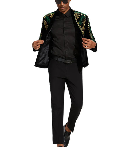 Men's Embroidered Green and Gold Geometric Pattern Tuxedo Jacket