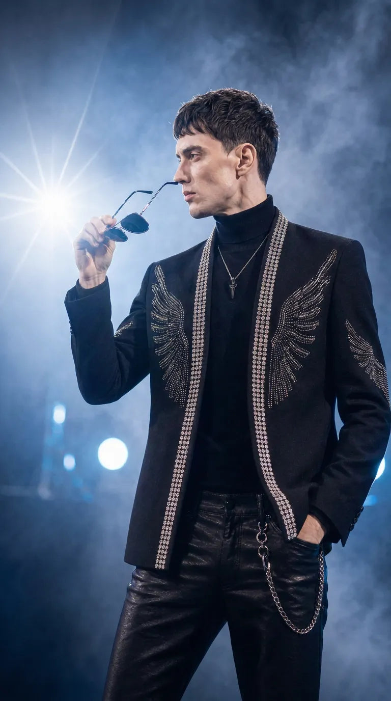 Midnight Aegis - Black & Silver Crystal Wing Dinner Jacket