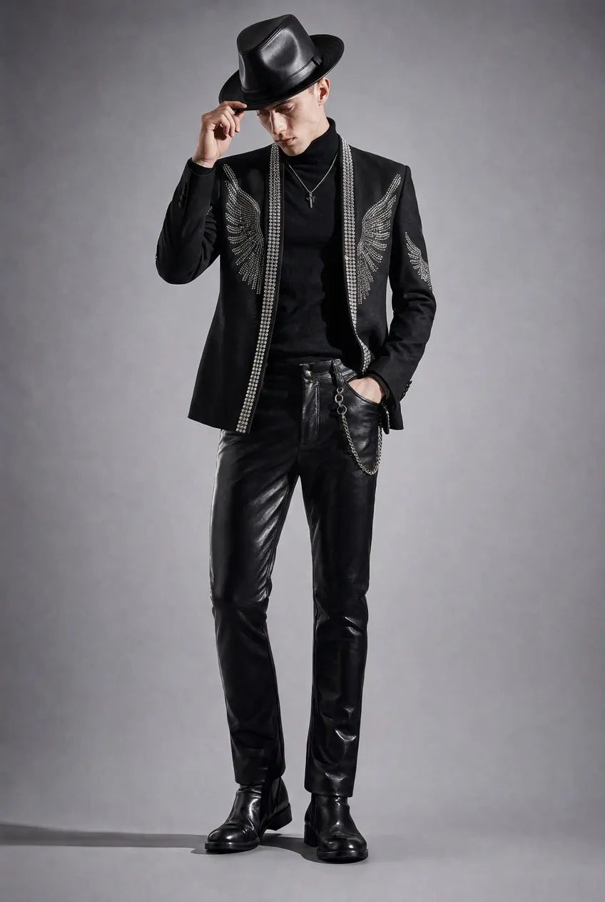 Midnight Aegis - Black & Silver Crystal Wing Dinner Jacket