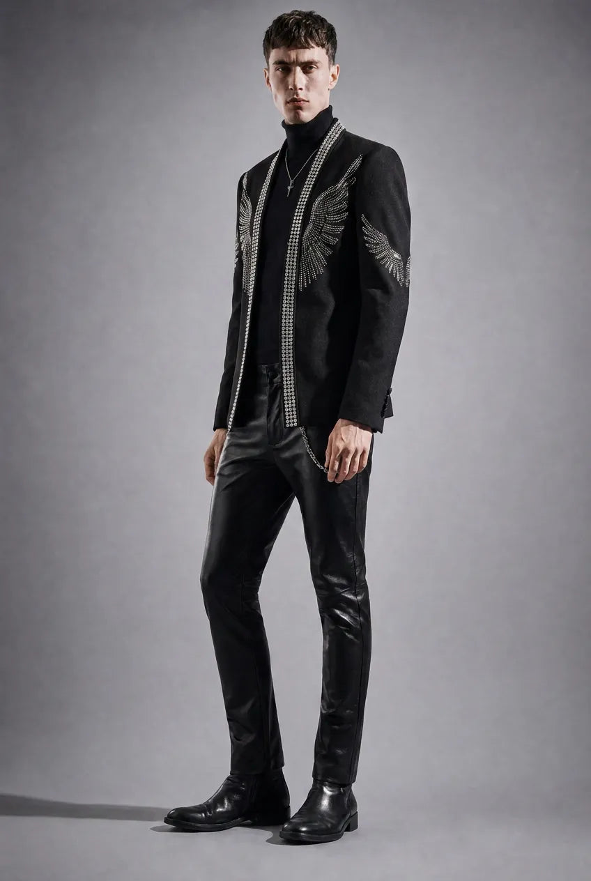 Midnight Aegis - Black & Silver Crystal Wing Dinner Jacket