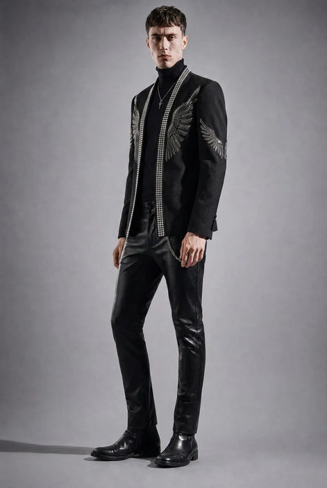 Midnight Aegis - Black & Silver Crystal Wing Dinner Jacket