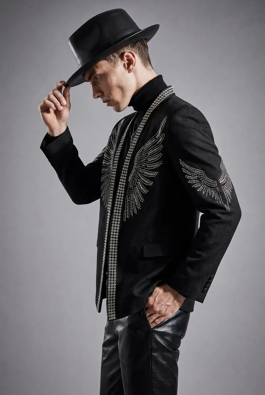 Midnight Aegis - Black & Silver Crystal Wing Dinner Jacket
