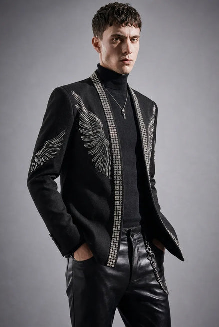 Midnight Aegis - Black & Silver Crystal Wing Dinner Jacket