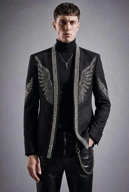 Midnight Aegis - Black & Silver Crystal Wing Dinner Jacket