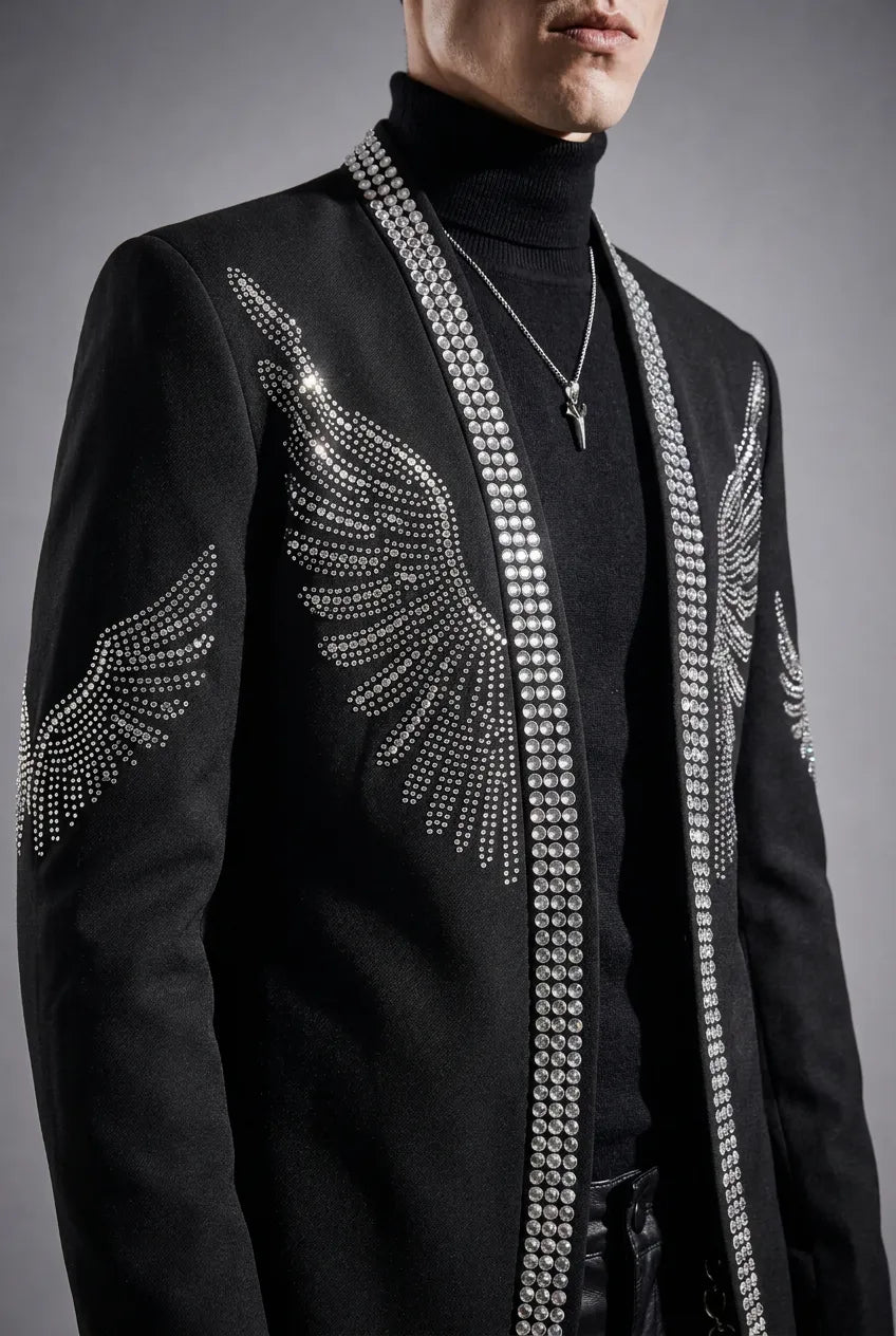 Midnight Aegis - Black & Silver Crystal Wing Dinner Jacket
