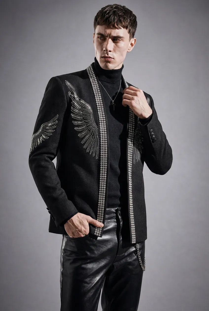 Midnight Aegis - Black & Silver Crystal Wing Dinner Jacket
